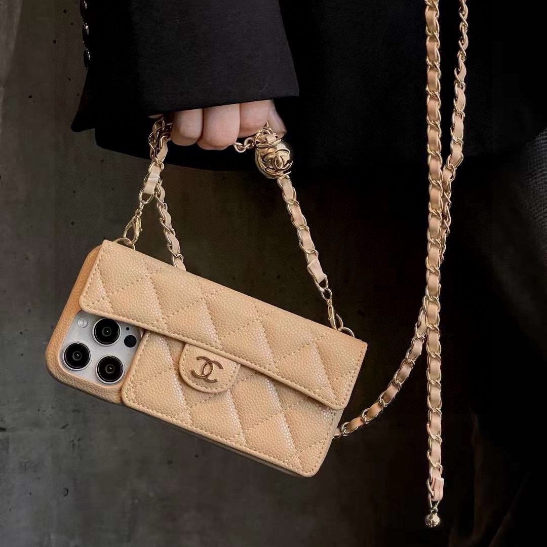 Chanel Style Quilted Leather Flip Card Holder Phone Case With Gold Chain Crossbody Strap