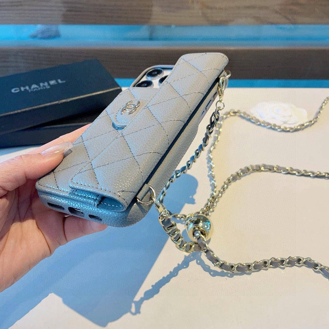Chanel Style Quilted Leather Flip Card Holder Phone Case With Gold Chain Crossbody Strap