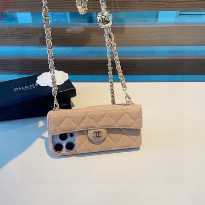 Chanel Style Quilted Leather Flip Card Holder Phone Case With Gold Chain Crossbody Strap