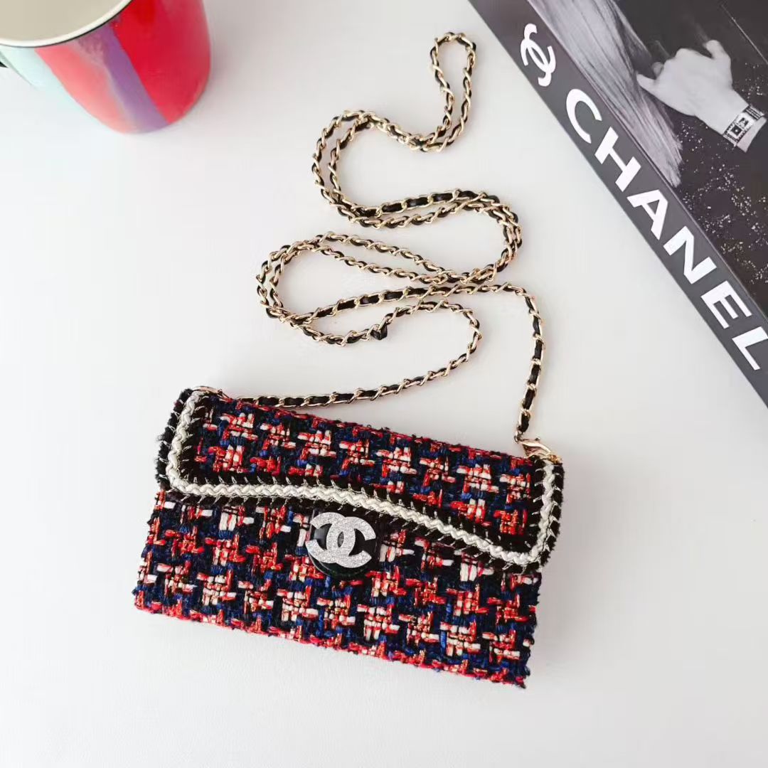 Chanel-Style Tweed Crossbody Phone Case Bag with Chain Strap