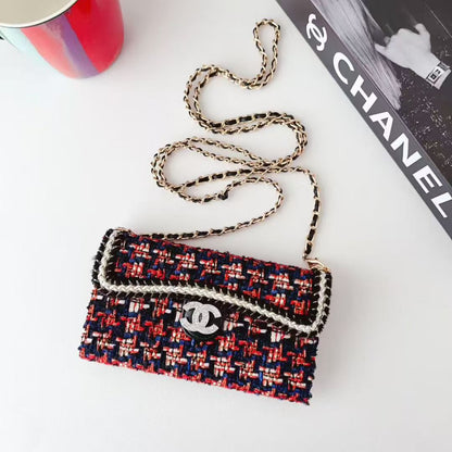 Chanel-Style Tweed Crossbody Phone Case Bag with Chain Strap