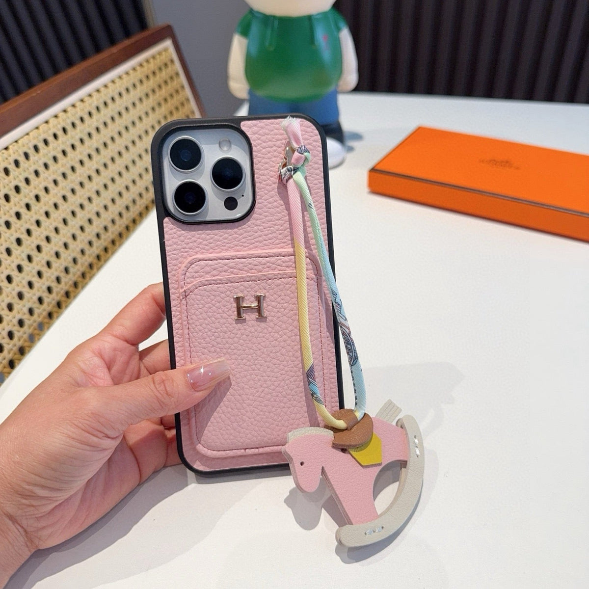 Hermès Style Luxury Leather Card Holder Phone Case | Wrist Strap & Horse Charm