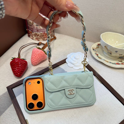 Light Blue Chanel Style Quilted Caviar Leather Card Slot Chain Strap Luxury Phone Case