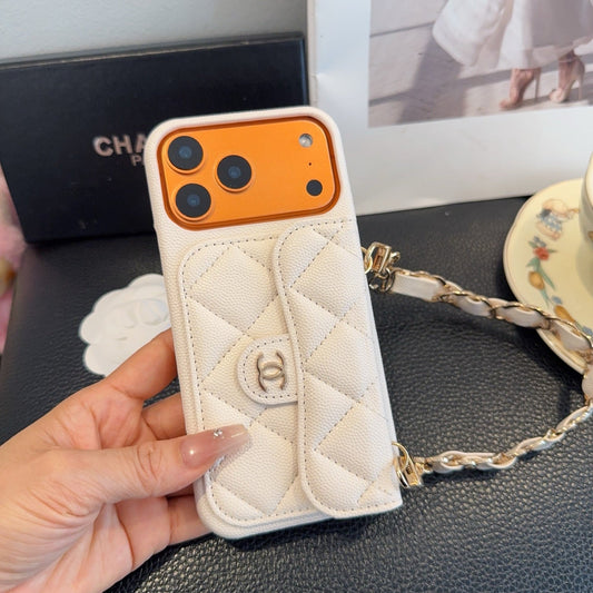 White Chanel Quilted Caviar Leather Card Holder Chain Luxury Phone Case
