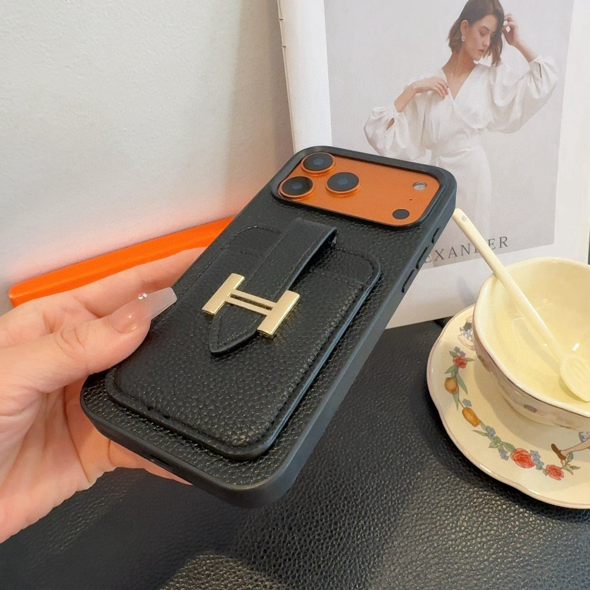 Hermès-Style Leather Card Holder Phone Case with H Buckle & Shockproof Bumper