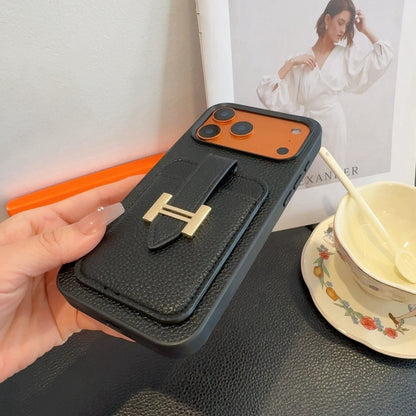 Hermès-Style Leather Card Holder Phone Case with H Buckle & Shockproof Bumper