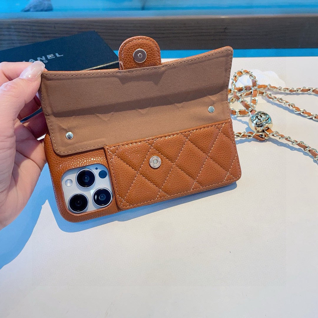 Chanel Style Quilted Leather Flip Card Holder Phone Case With Gold Chain Crossbody Strap