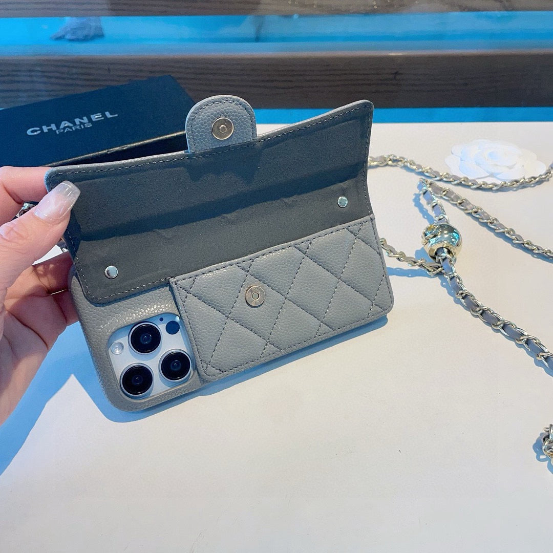 Chanel Style Quilted Leather Flip Card Holder Phone Case With Gold Chain Crossbody Strap