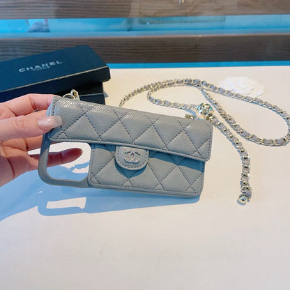 Chanel Style Quilted Leather Flip Card Holder Phone Case With Gold Chain Crossbody Strap
