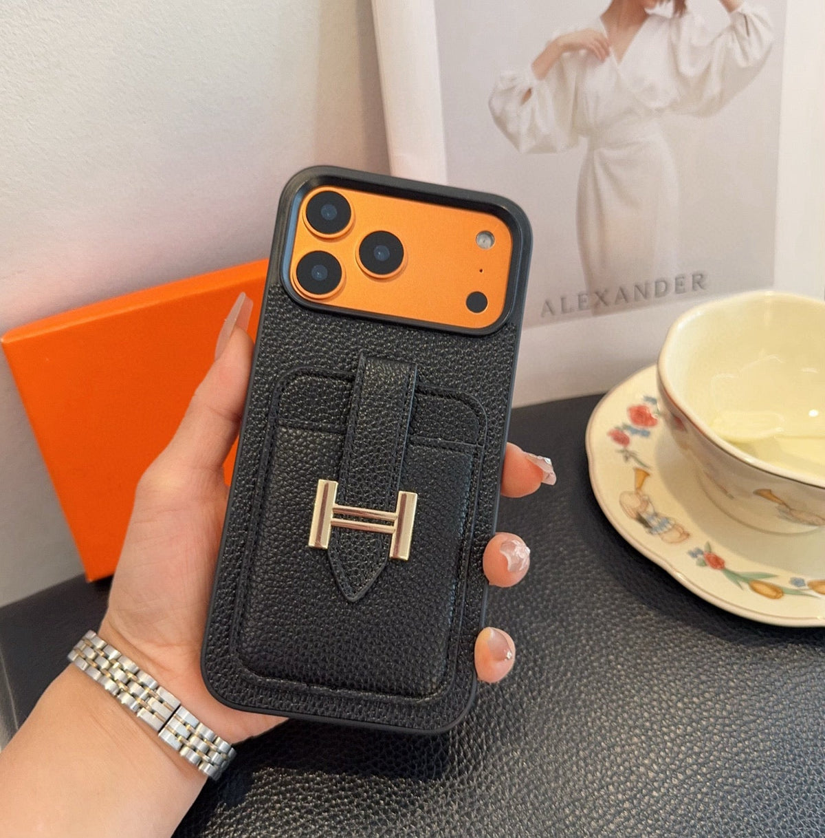 Hermès-Style Leather Card Holder Phone Case with H Buckle & Shockproof Bumper