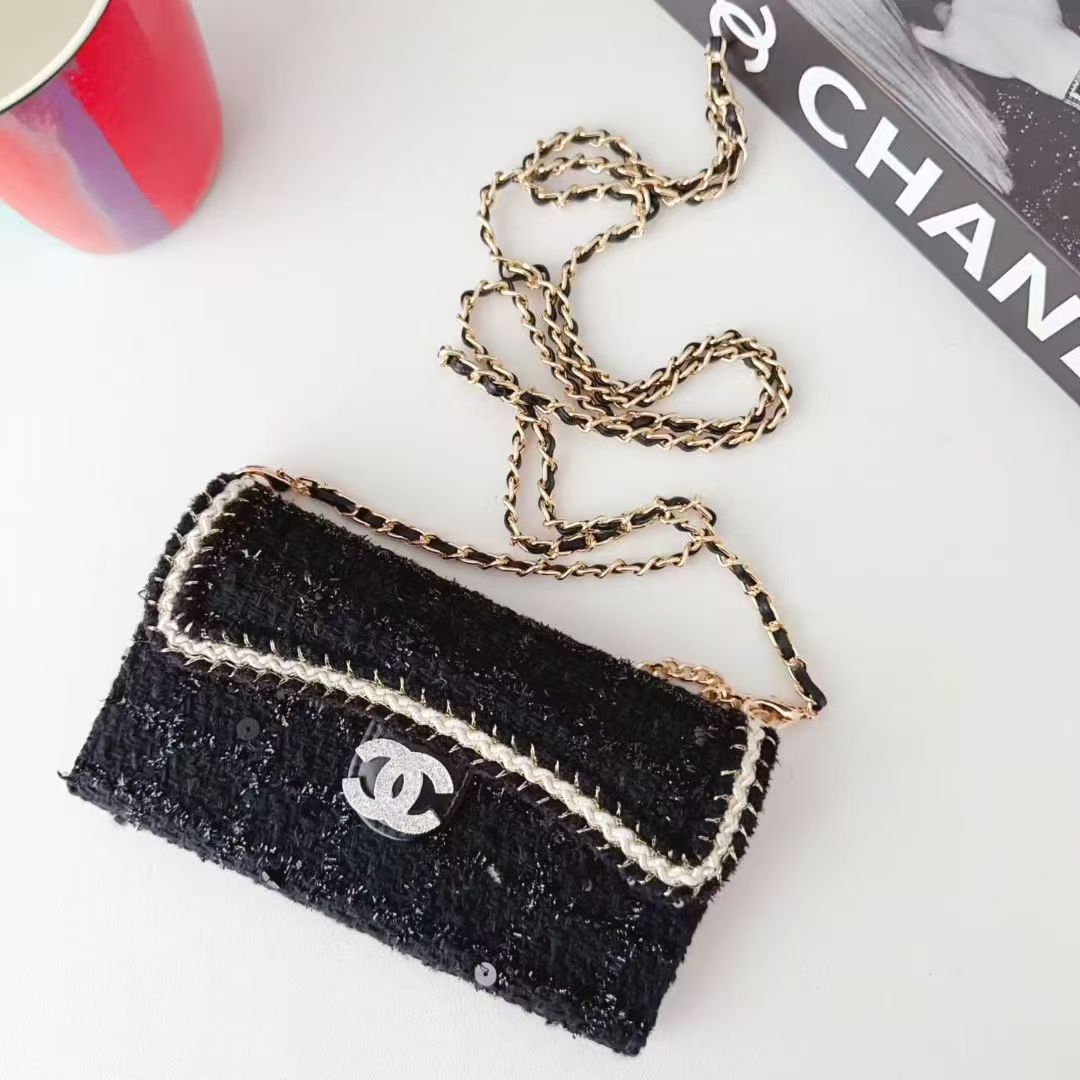 Chanel-Style Tweed Crossbody Phone Case Bag with Chain Strap