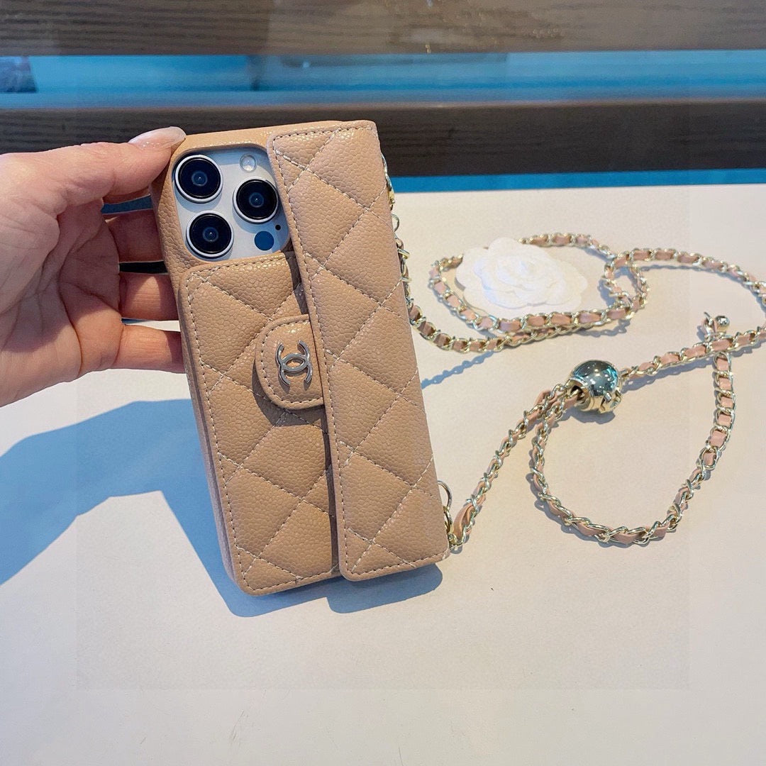 Chanel Style Quilted Leather Flip Card Holder Phone Case With Gold Chain Crossbody Strap