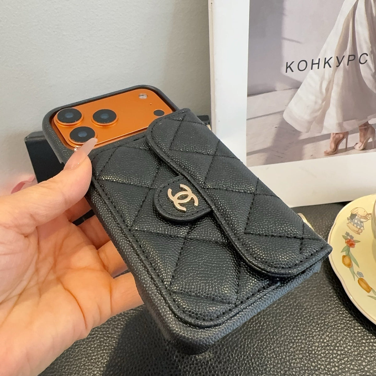 Chanel Quilted Caviar Leather Card Holder Chain Strap Luxury Phone Case