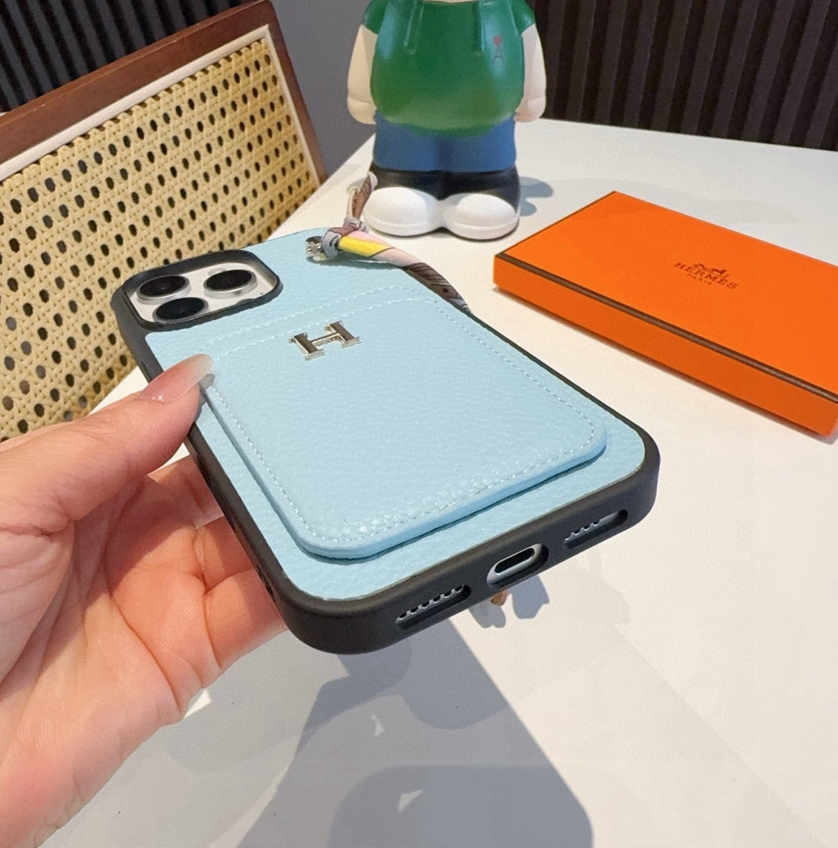Hermès Style Luxury Leather Card Holder Phone Case | Wrist Strap & Horse Charm