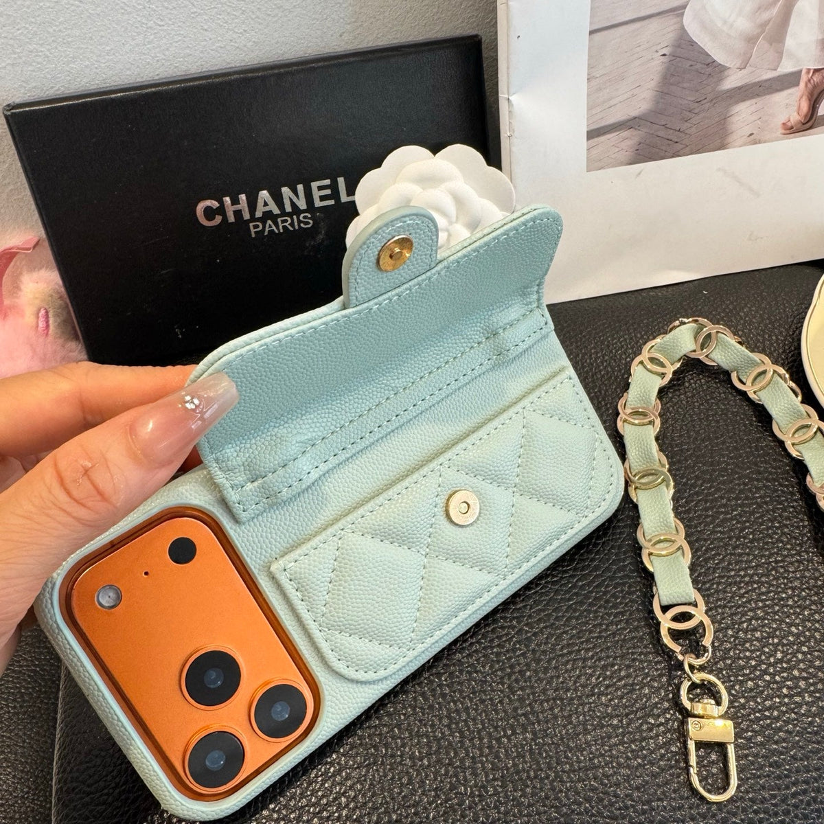Light Blue Chanel Style Quilted Caviar Leather Card Slot Chain Strap Luxury Phone Case