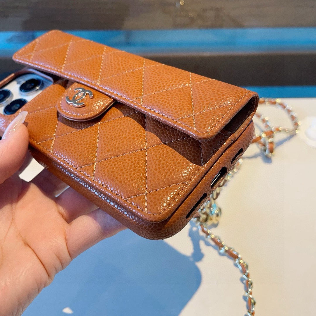 Chanel Style Quilted Leather Flip Card Holder Phone Case With Gold Chain Crossbody Strap