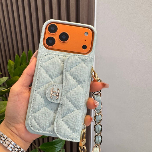 Light Blue Chanel Style Quilted Caviar Leather Card Slot Chain Strap Luxury Phone Case