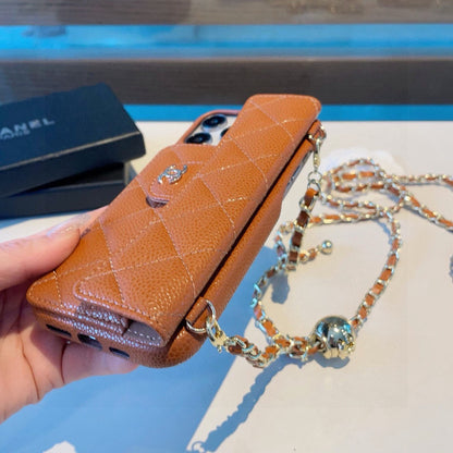 Chanel Style Quilted Leather Flip Card Holder Phone Case With Gold Chain Crossbody Strap