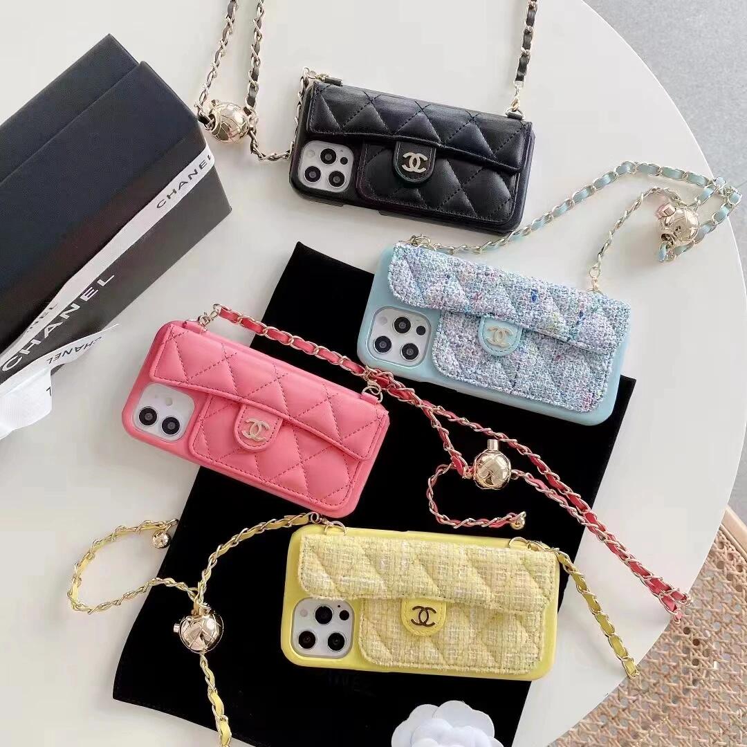 Chanel Style Quilted Wallet Phone Case With Adjustable Chain Crossbody Strap