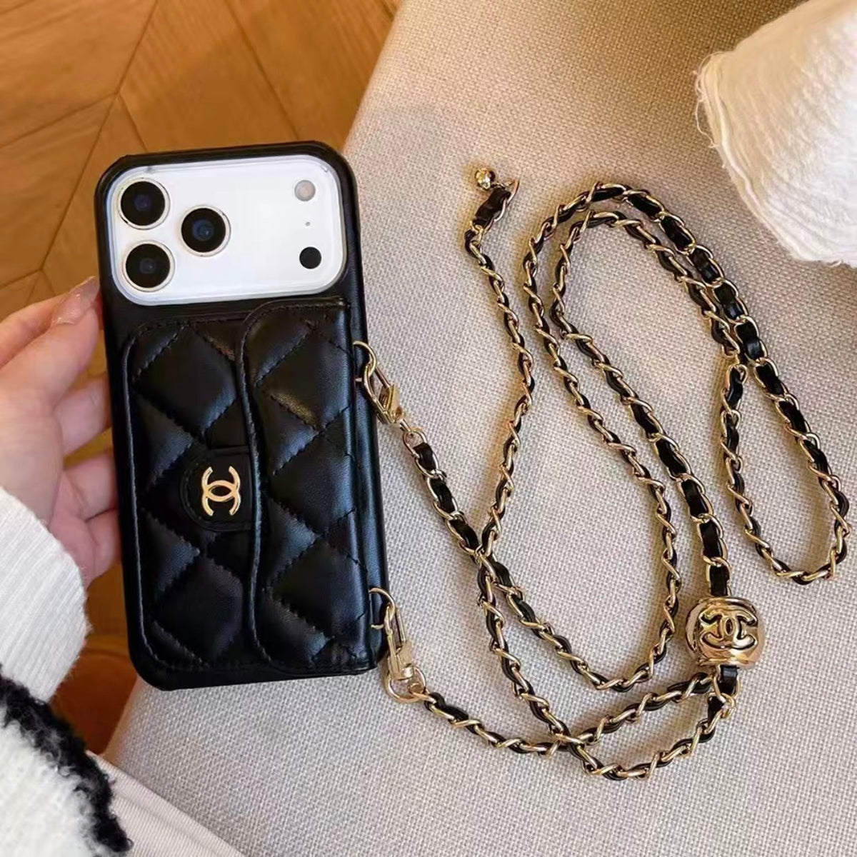Chanel Style Quilted Wallet Phone Case With Adjustable Chain Crossbody Strap