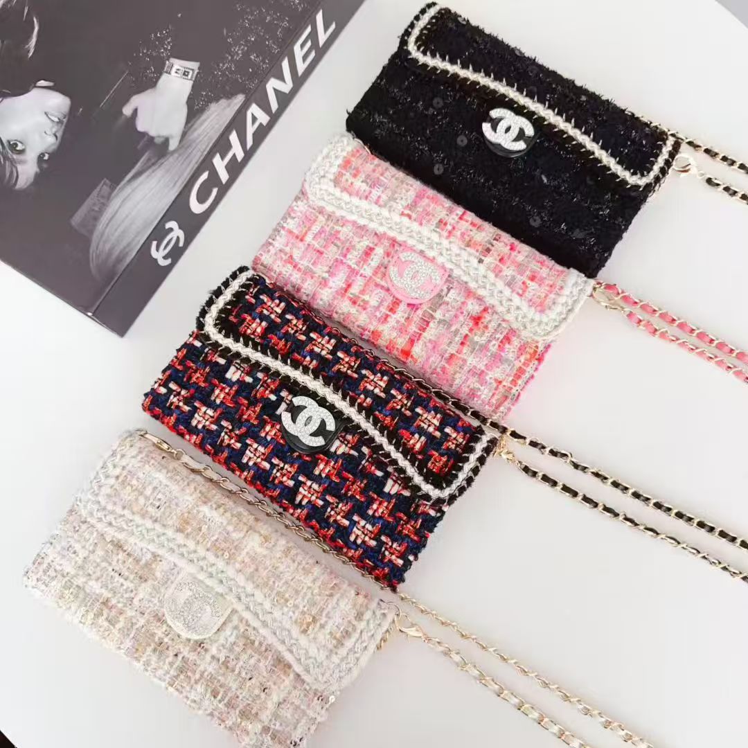Chanel-Style Tweed Crossbody Phone Case Bag with Chain Strap