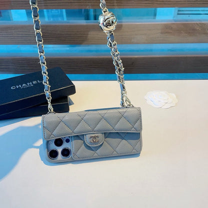 Chanel Style Quilted Leather Flip Card Holder Phone Case With Gold Chain Crossbody Strap