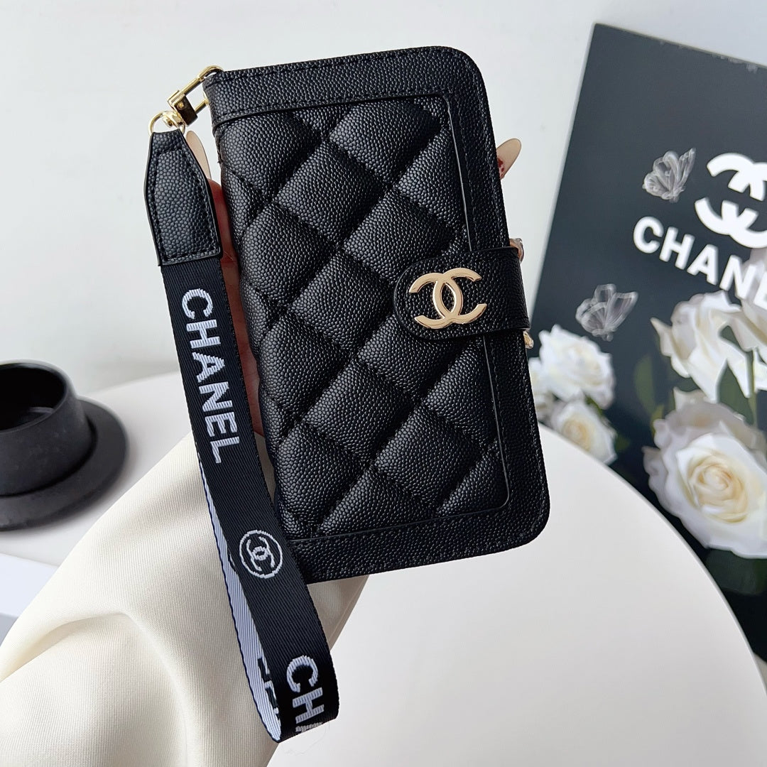 Chanel Style Diamond Quilted Leather Flip Wallet Phone Case with Wrist Strap