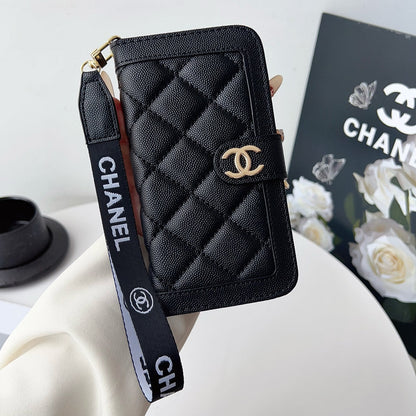 Chanel Style Diamond Quilted Leather Flip Wallet Phone Case with Wrist Strap