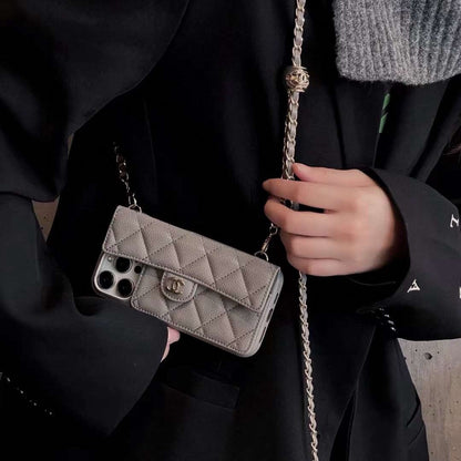 Chanel Style Quilted Leather Flip Card Holder Phone Case With Gold Chain Crossbody Strap