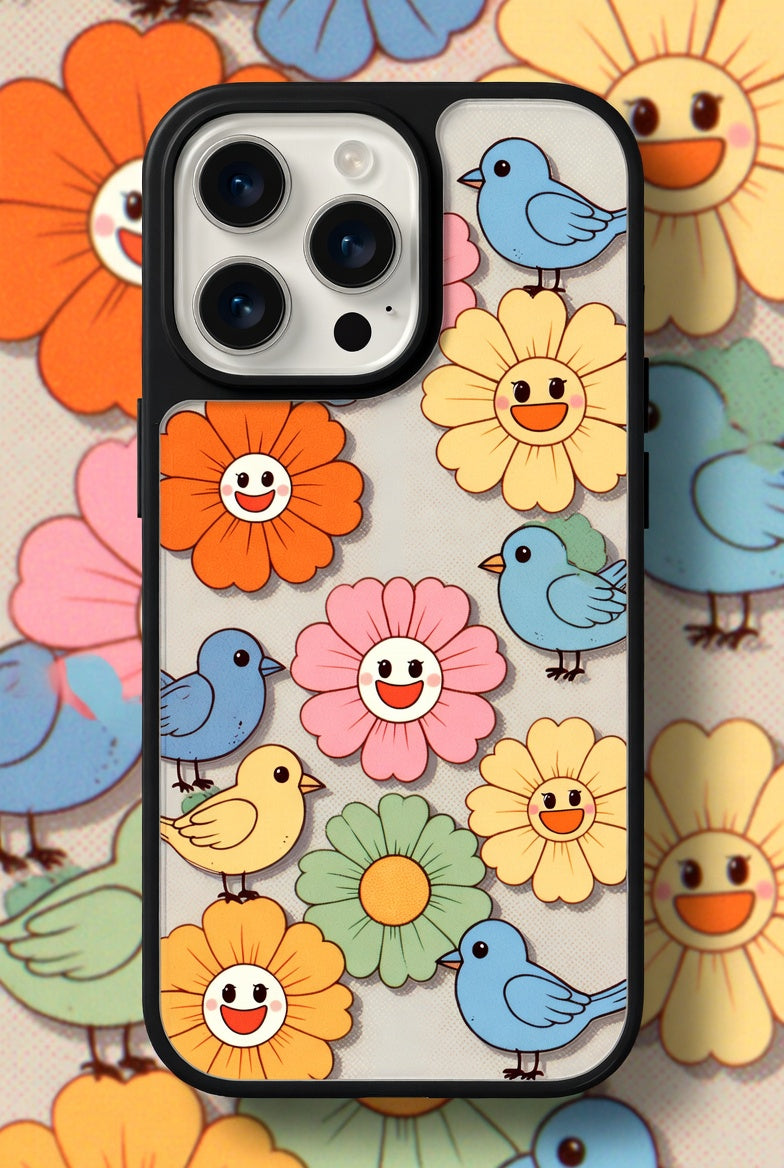 The Happy Garden: Whimsical Smiling Flowers & Birds Phone Case – Cute Floral Art 2